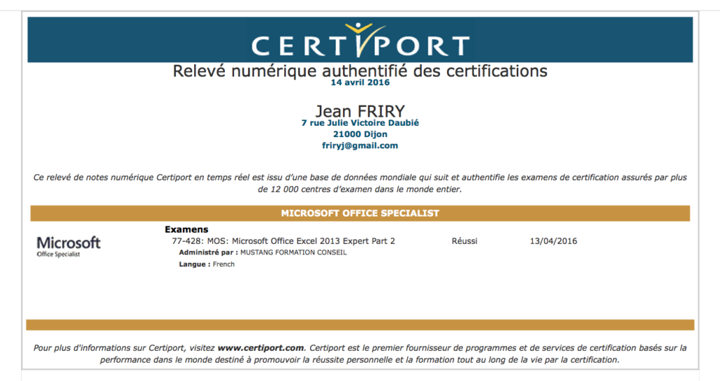 Certificat MOS Excel Expert de Jean FRIRY
